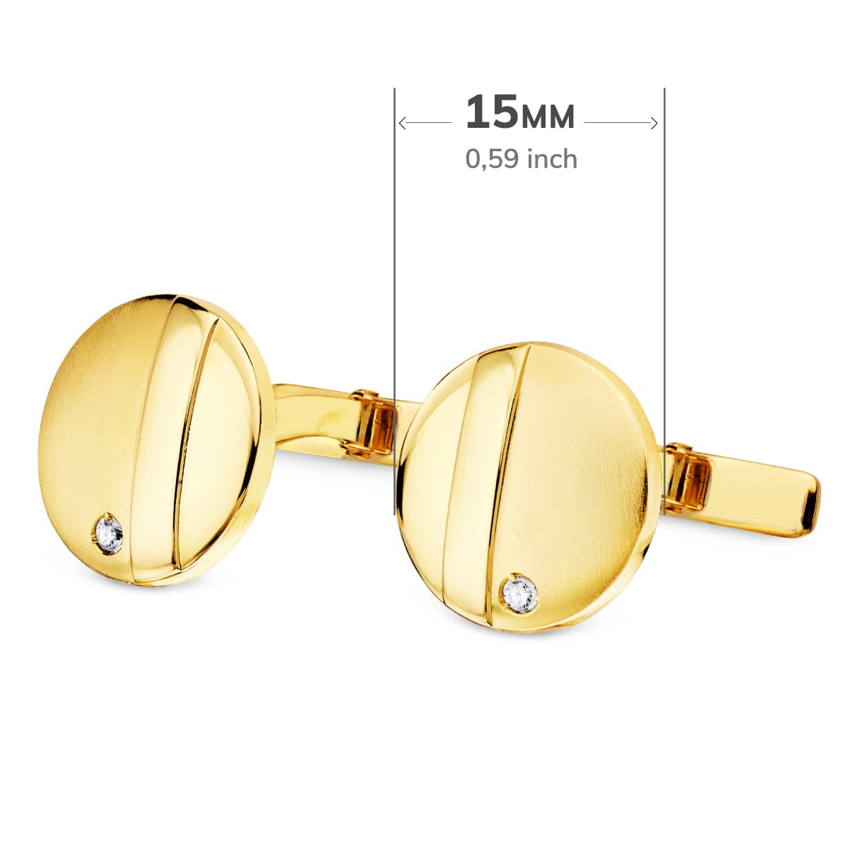 Yellow Gold Round Matte and Shiny Cufflinks 15mm Cubic Zirconia Rigid Swing Closure