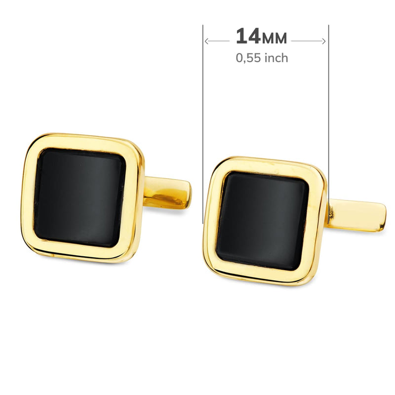 Boutons de manchette en onyx brillant en or jaune 18 carats, fermoir pivotant rigide 14x14 mm