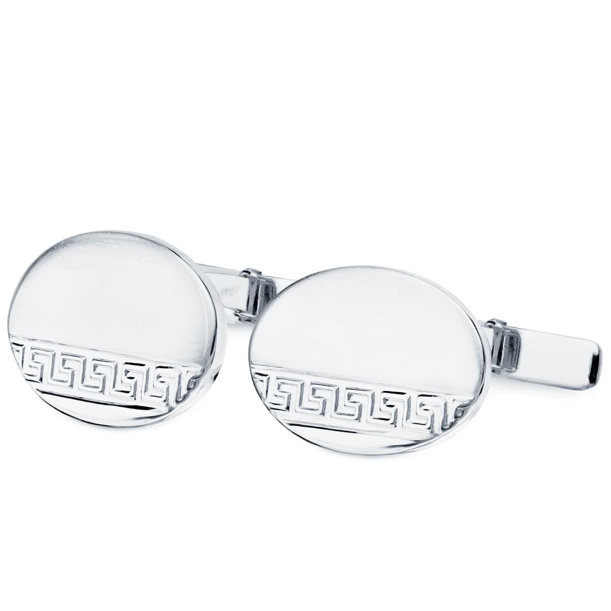 White Gold Oval Cufflinks Matte and Glossy Greca 18x13 mm Rigid Oscillating Clasp