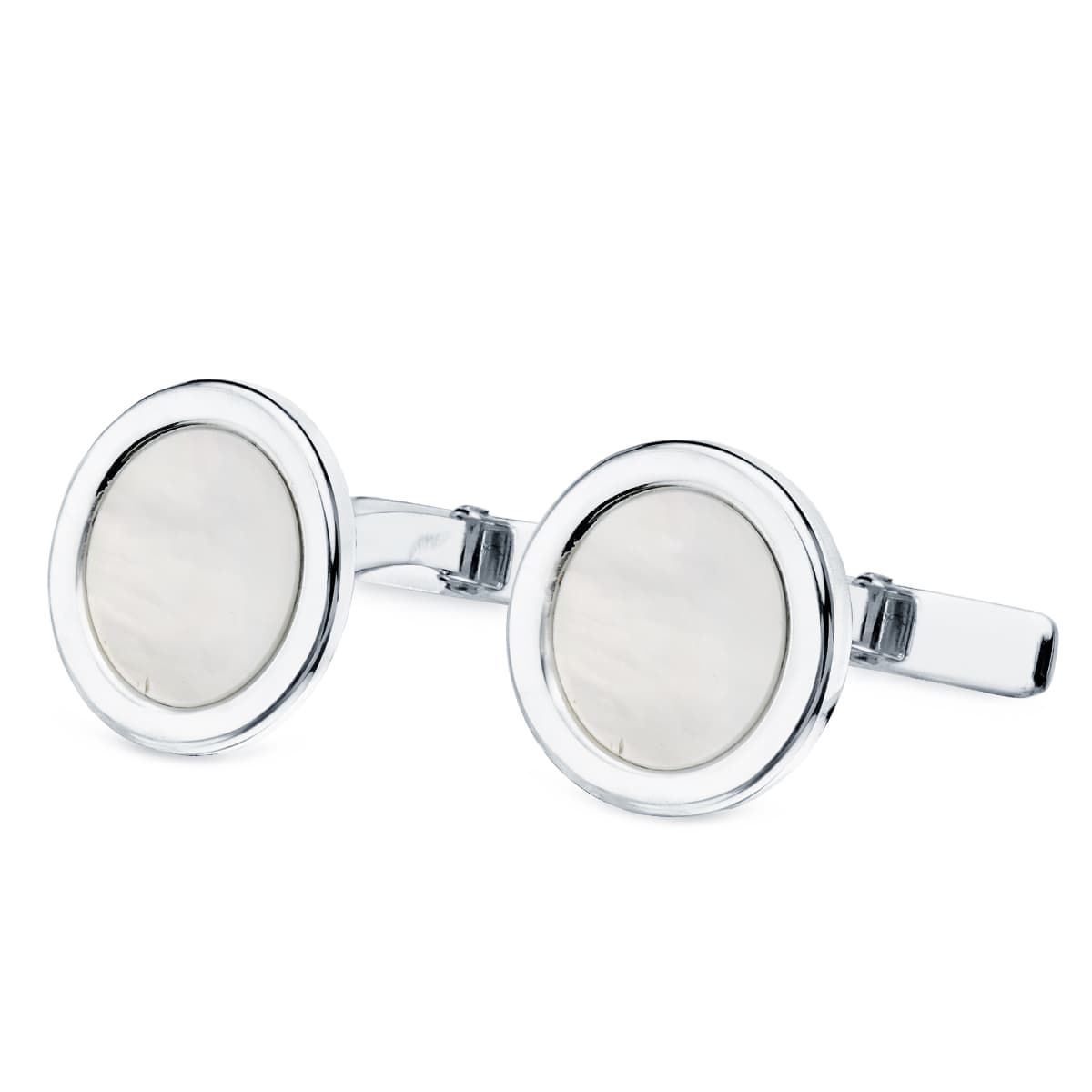 18K White Gold Round Cufflinks with Mother of Pearl 15 mm Rigid Oscillating Clasp