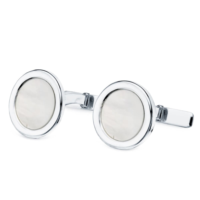 18K White Gold Round Cufflinks with Mother of Pearl 15 mm Rigid Swing Clasp