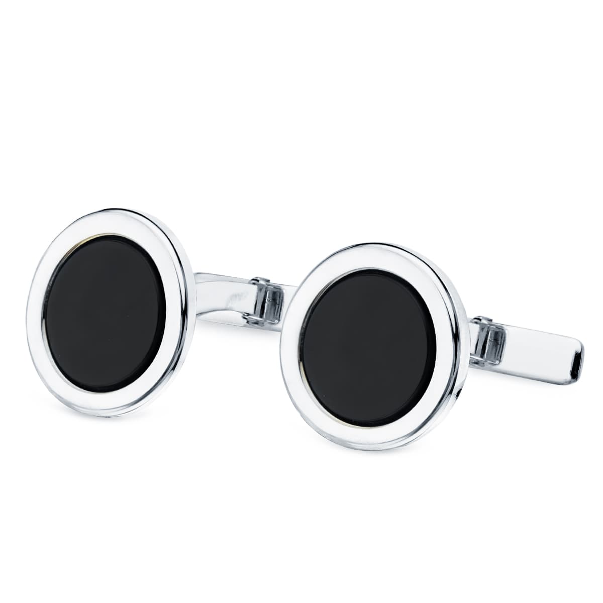 18K White Gold Round Cufflinks With Onyx 15 mm Rigid Oscillating Clasp