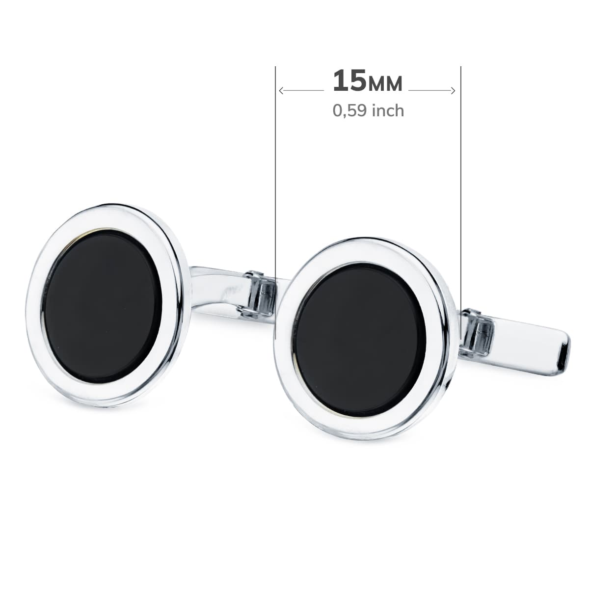 18K White Gold Round Cufflinks With Onyx 15 mm Rigid Oscillating Clasp