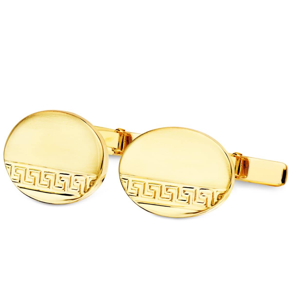 Yellow Gold Oval Cufflinks Matte and Glossy Greca 18x13 mm Rigid Oscillating Clasp
