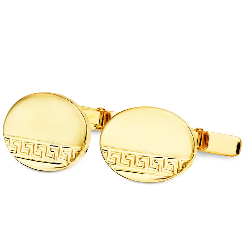 Boutons de manchette ovales Greca en or jaune mat et brillant, fermoir pivotant rigide 18x13 mm