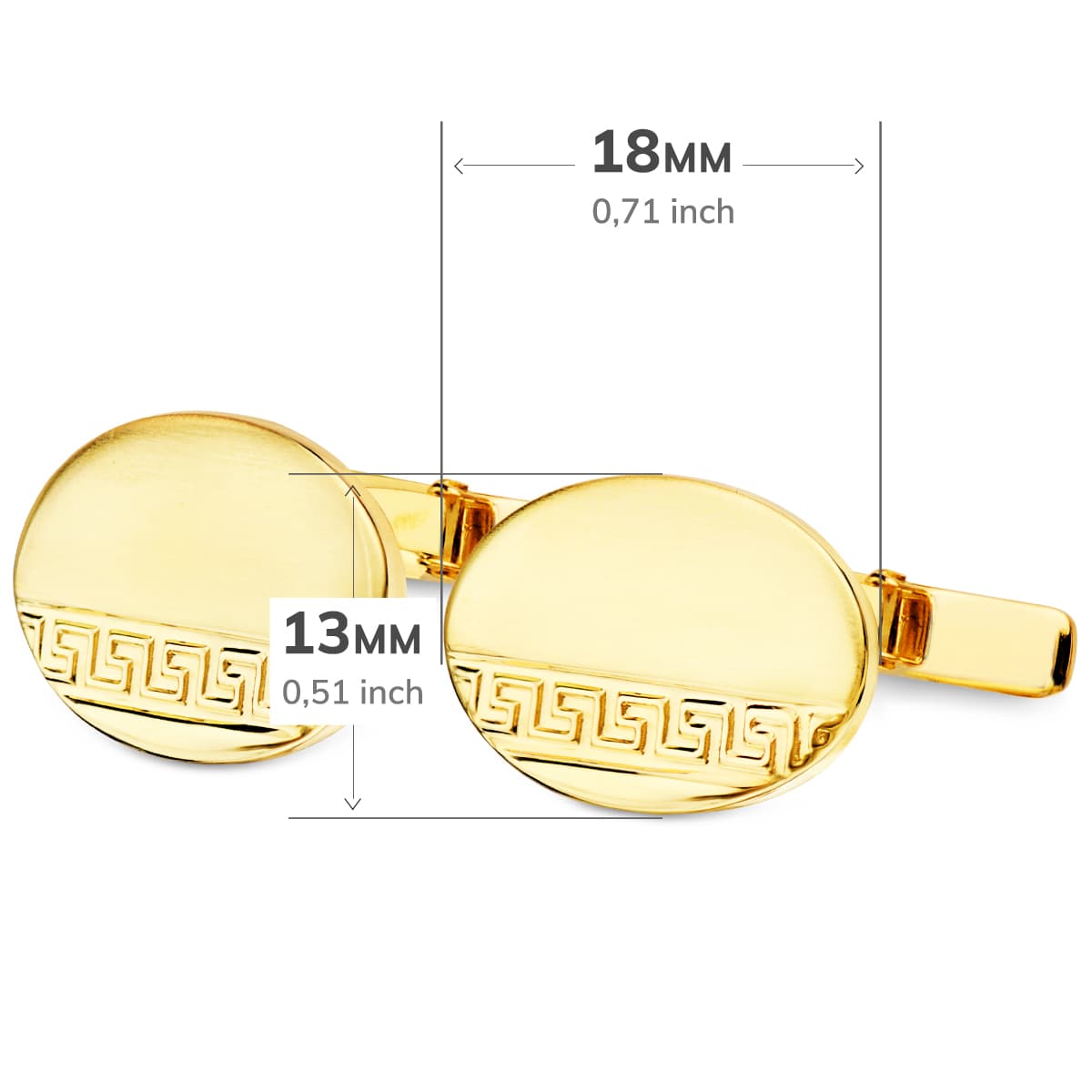 Yellow Gold Oval Cufflinks Matte and Glossy Greca 18x13 mm Rigid Oscillating Clasp