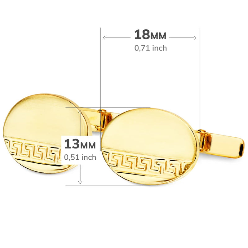 Boutons de manchette ovales Greca en or jaune mat et brillant, fermoir pivotant rigide 18x13 mm