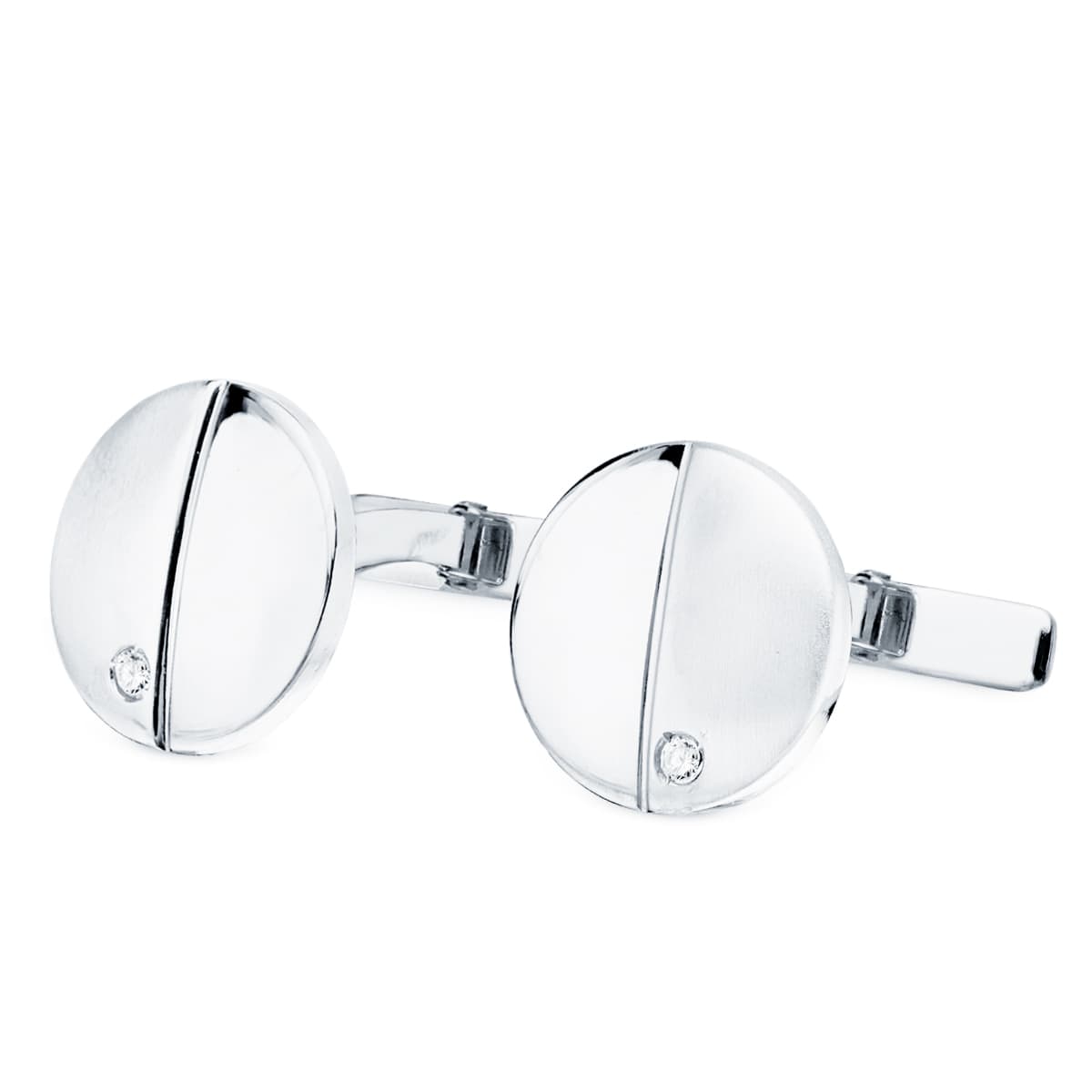 White Gold Round Matte Shine Cufflinks 15 mm Cubic Zirconia Rigid Oscillating Clasp