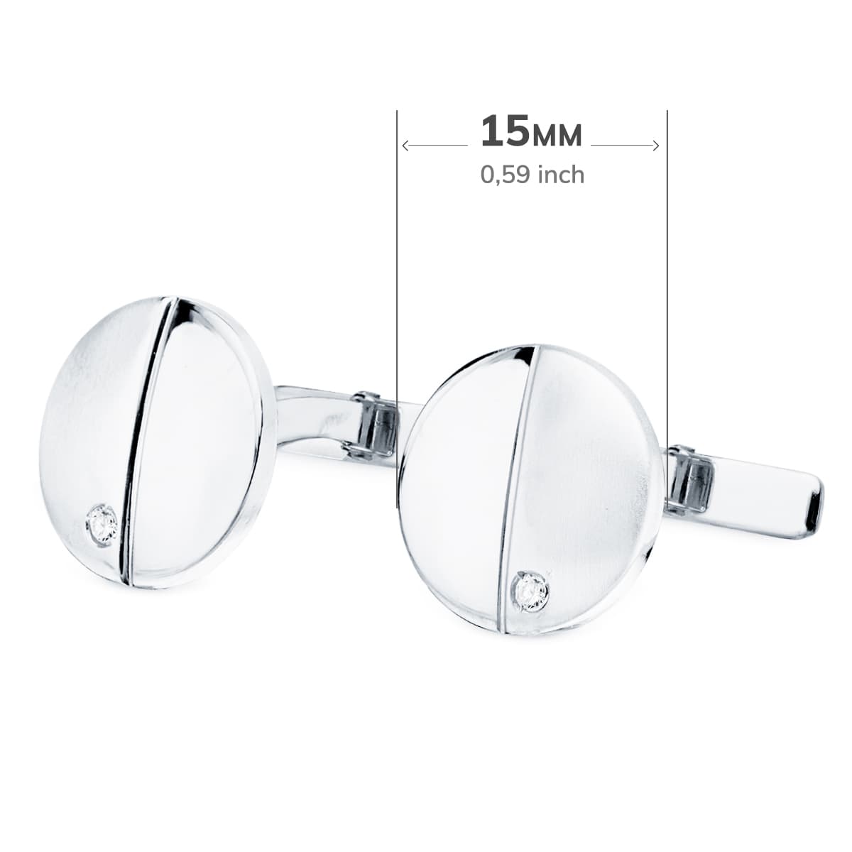 White Gold Round Matte Shine Cufflinks 15 mm Cubic Zirconia Rigid Oscillating Clasp