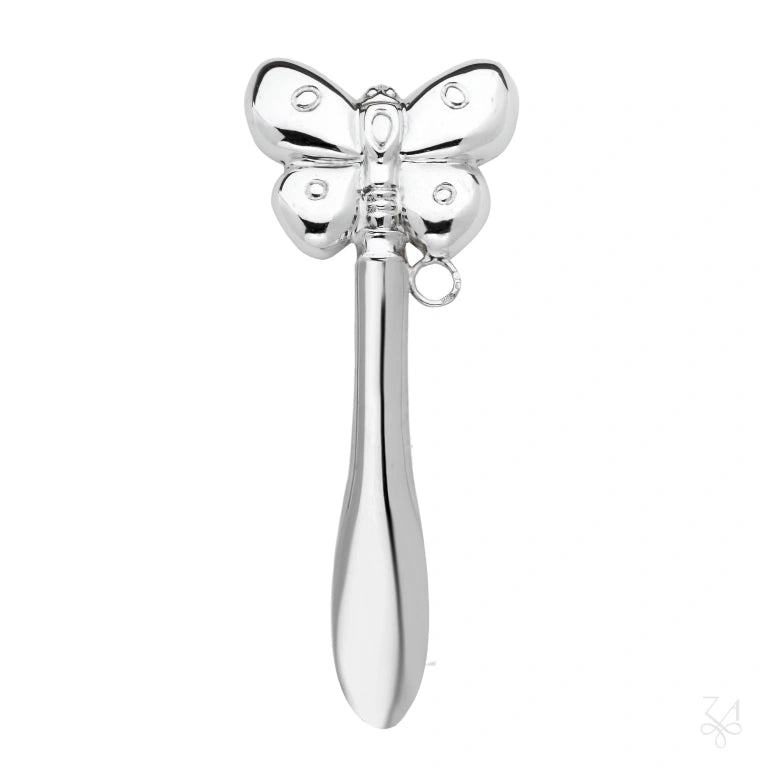 Sonajero de bebé de plata de ley con mariposa y mango