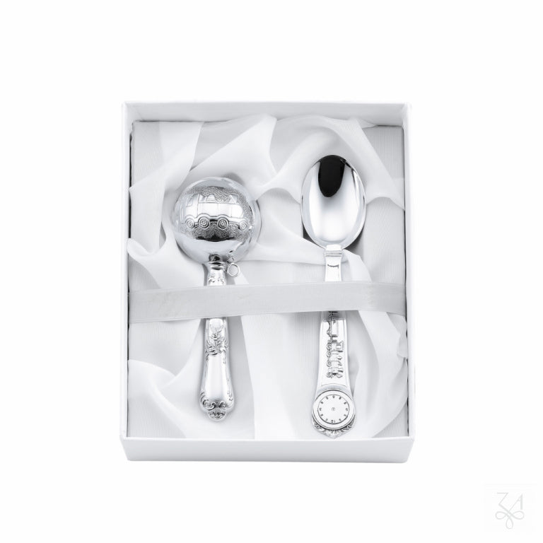 Kit de regalo de bebé de plata modelo Tren con sonajero y cuchara en estuche