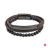Bracelet Homme Triple Acier Rhodié Noir, Cuir Marron et Pierres Naturelles