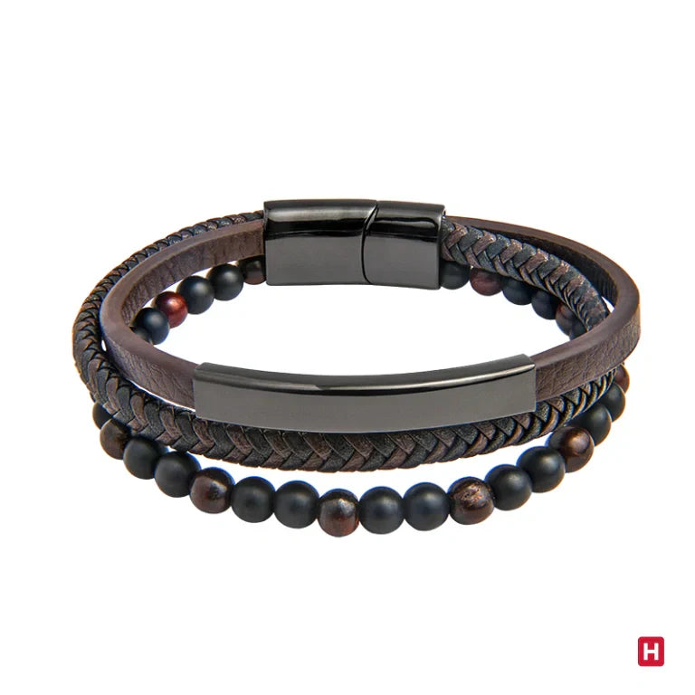 Bracelet Homme Triple Acier Rhodié Noir, Cuir Marron et Pierres Naturelles