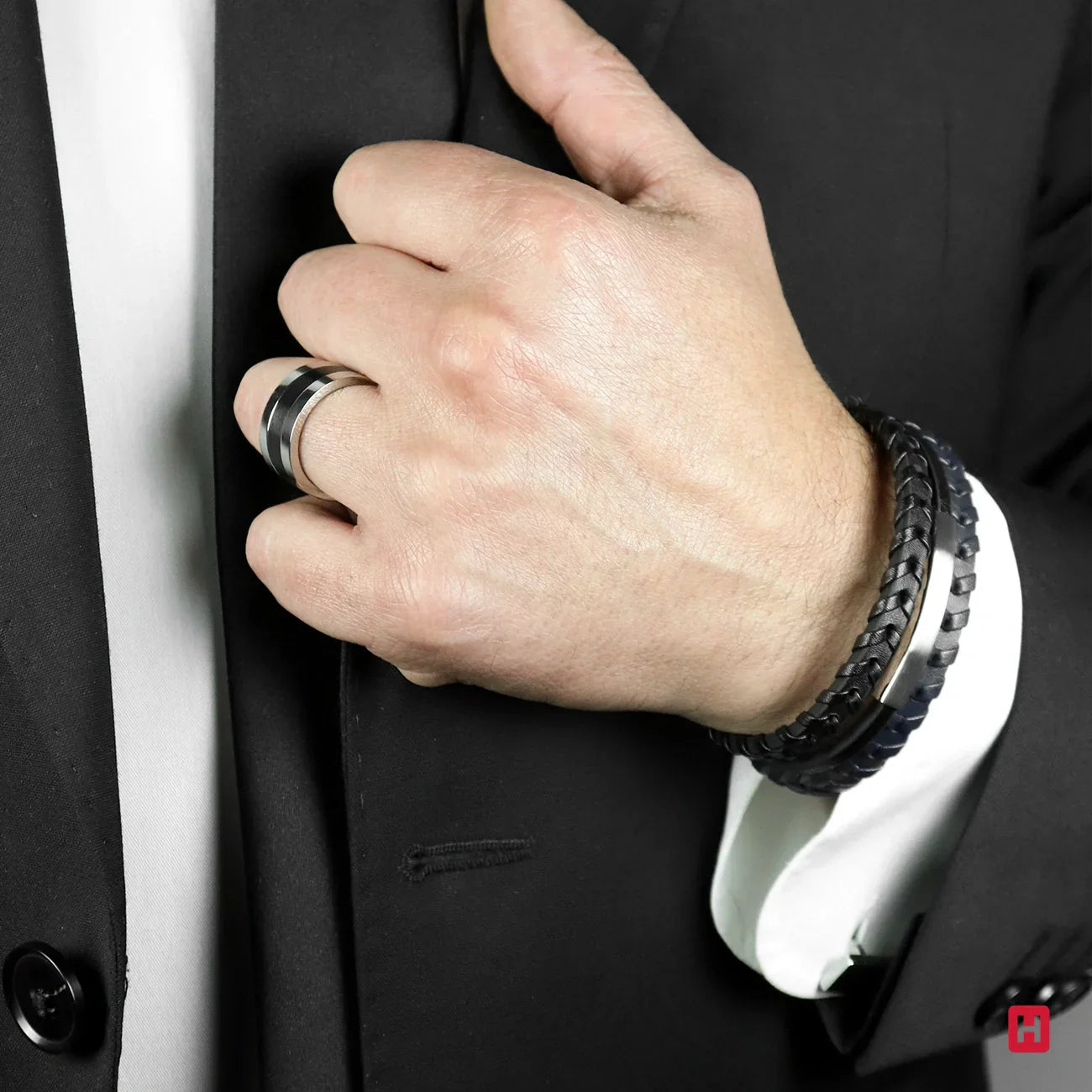 Men's Bracelet Steel and Double Black Leather with New Way Plate