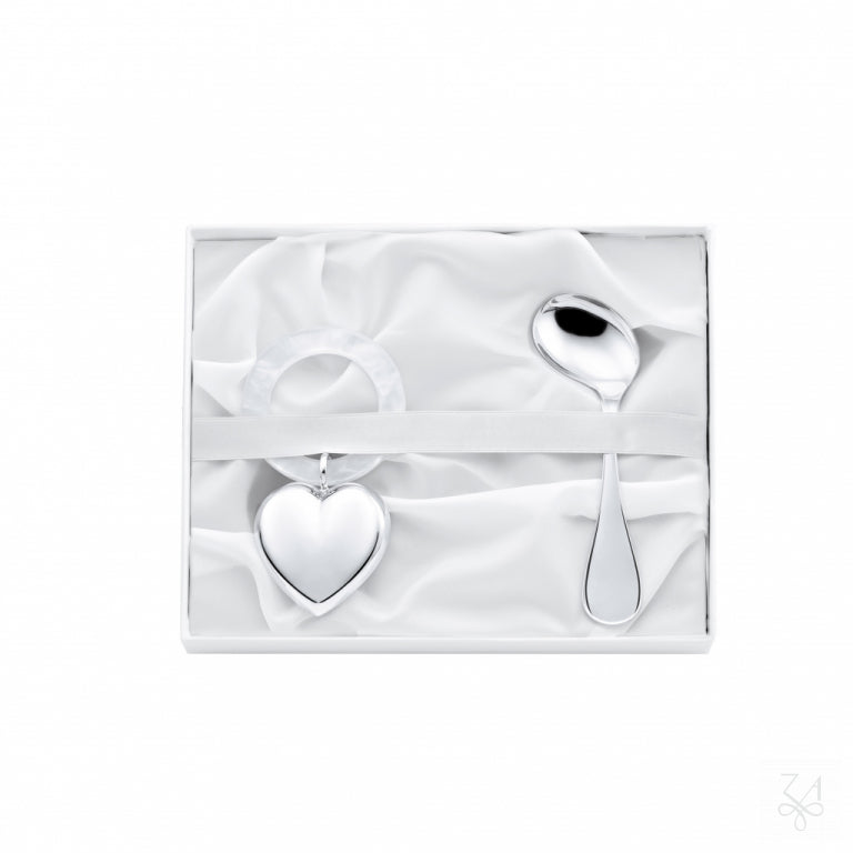 Kit de regalo de bebé de plata modelo Corazón con sonajero y cuchara en estuche