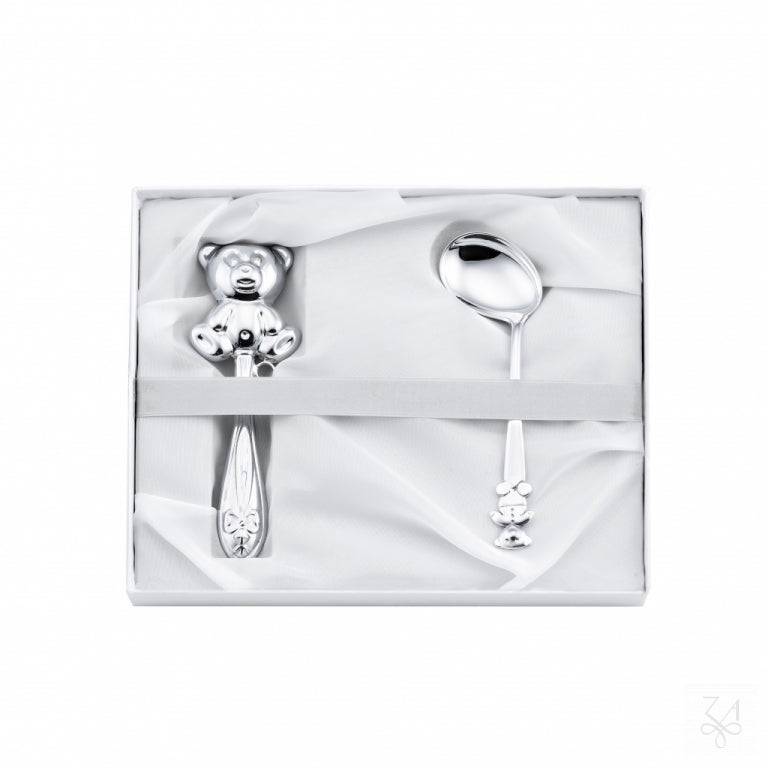 Kit de regalo de bebé modelo Kikko con sonajero y cuchara de plata de ley en estuche