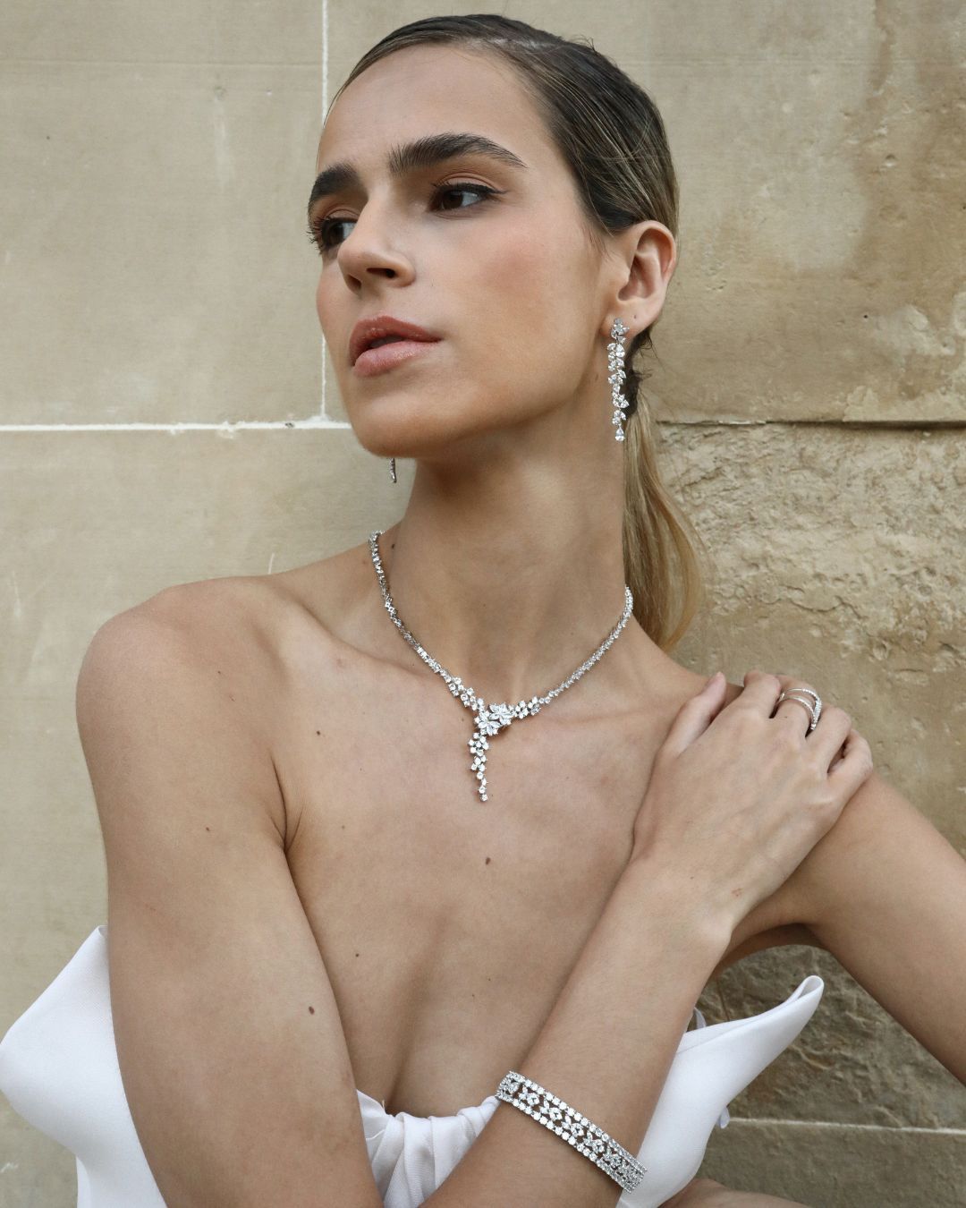 Long Classic and Elegant Silver Bridal Earrings  
