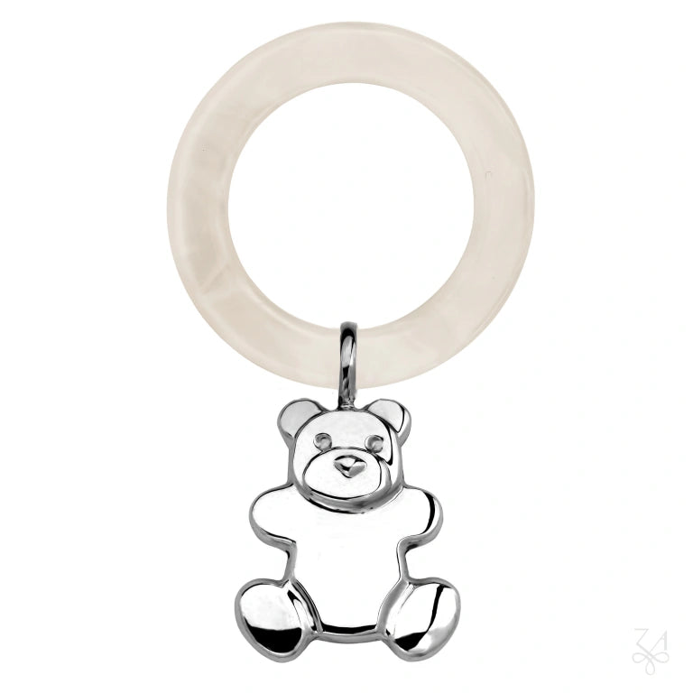 Sonajero de bebé de plata de ley con oso y anilla mordedor