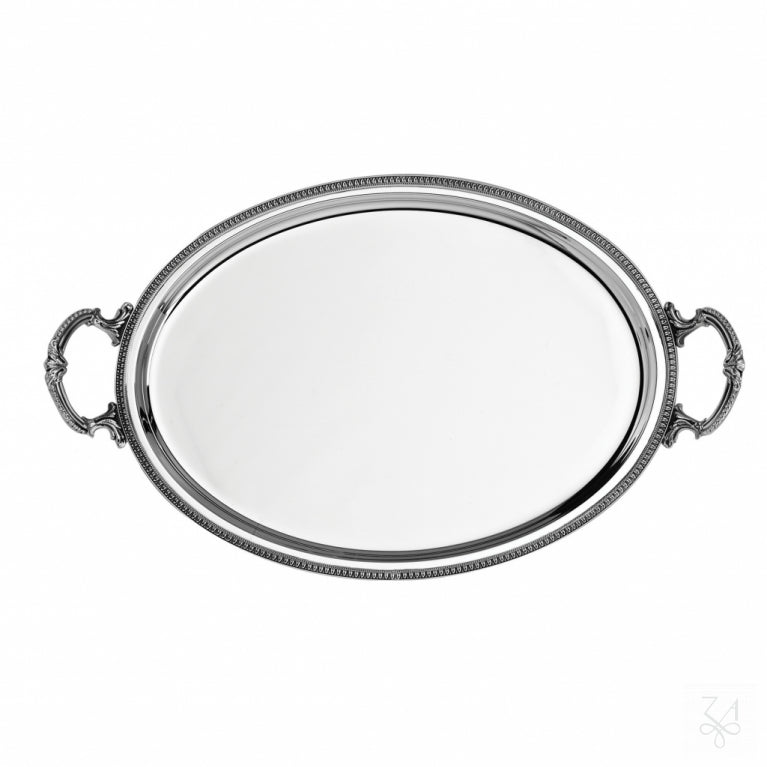 Bandeja oval modelo Imperio de plata de ley 925 con borde perlado y asas