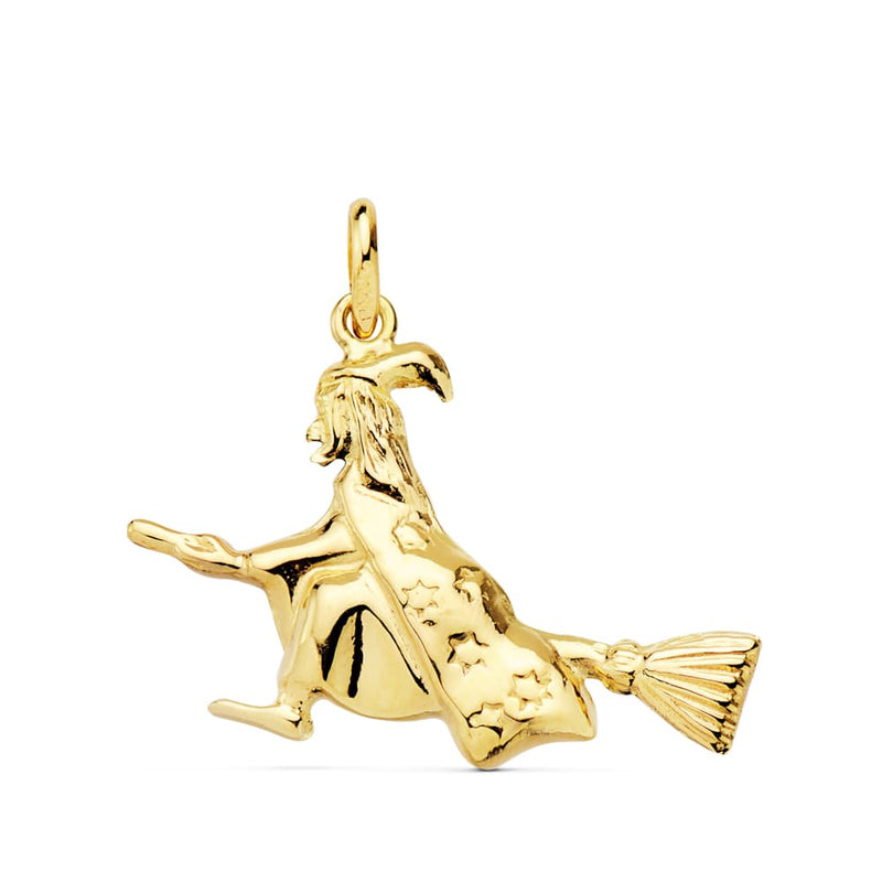 18K Yellow Gold Witch Pendant 22x16 mm