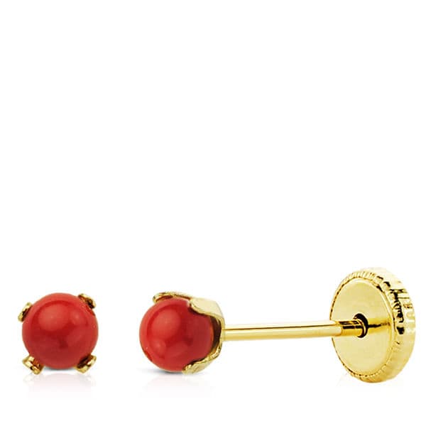 18K Yellow Gold Earrings Coral 3X3 mm 4 Pins