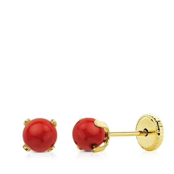 18K Yellow Gold Coral Earrings 4X4 mm Thread