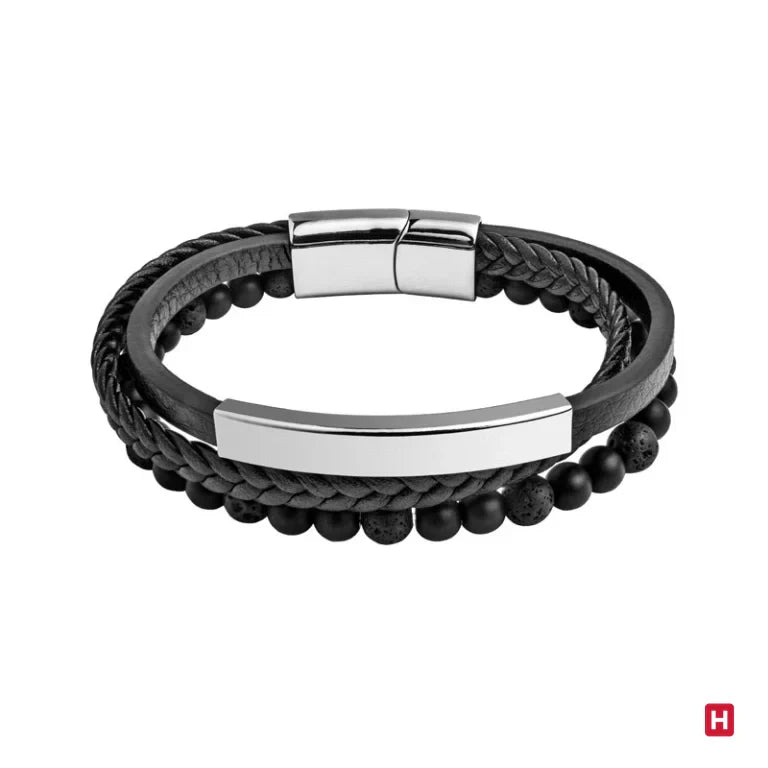 Men's Triple Steel Bracelet, Black Leather and Natural Stones