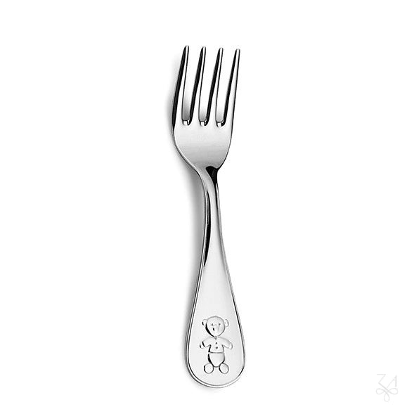 Tenedor de bebé de plata de ley con osito Kikko en relieve en el mango