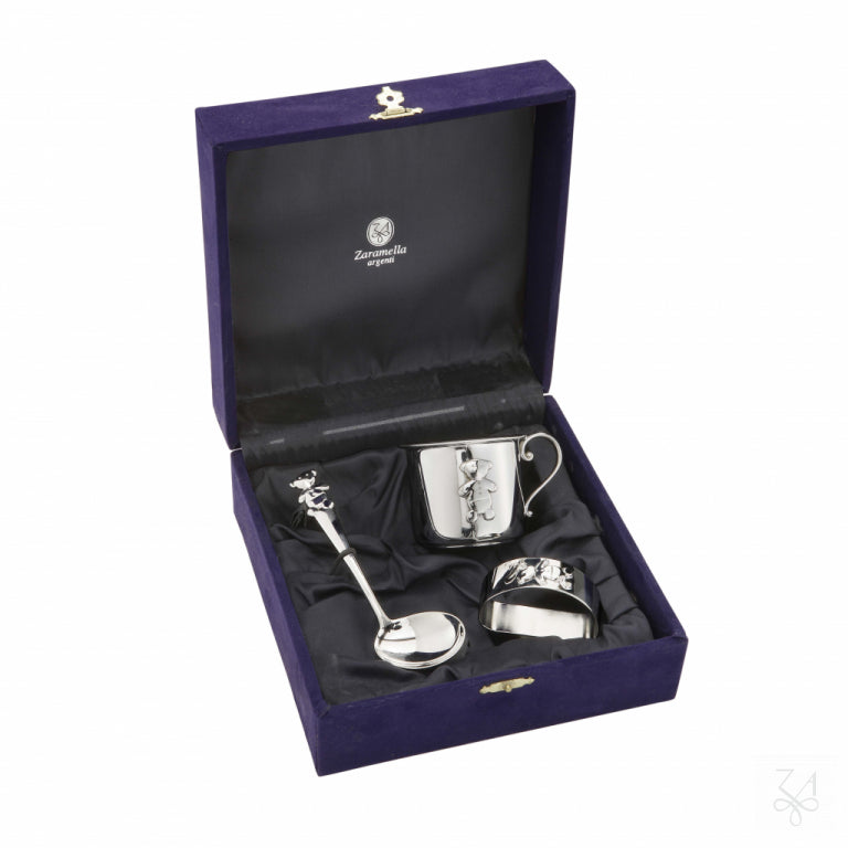 Set de regalo de bebé Kikko de 3 piezas en plata de ley en estuche