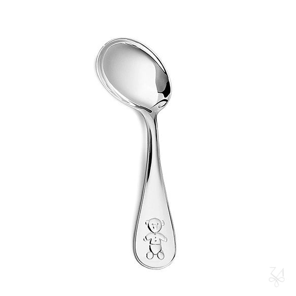 Cuchara de bebé de mango curvo de plata de ley con osito Kikko en relieve