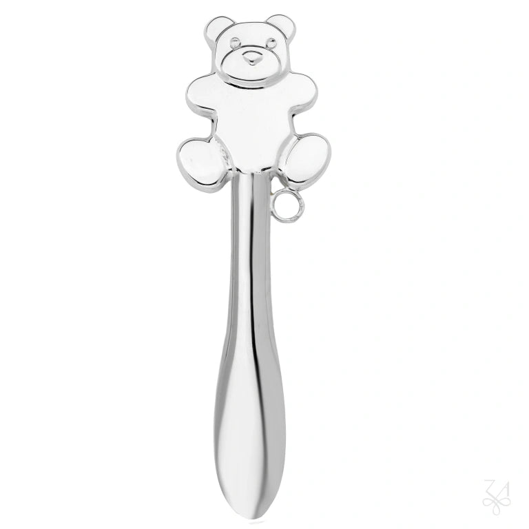 Sonajero de bebé de plata de ley con oso y mango