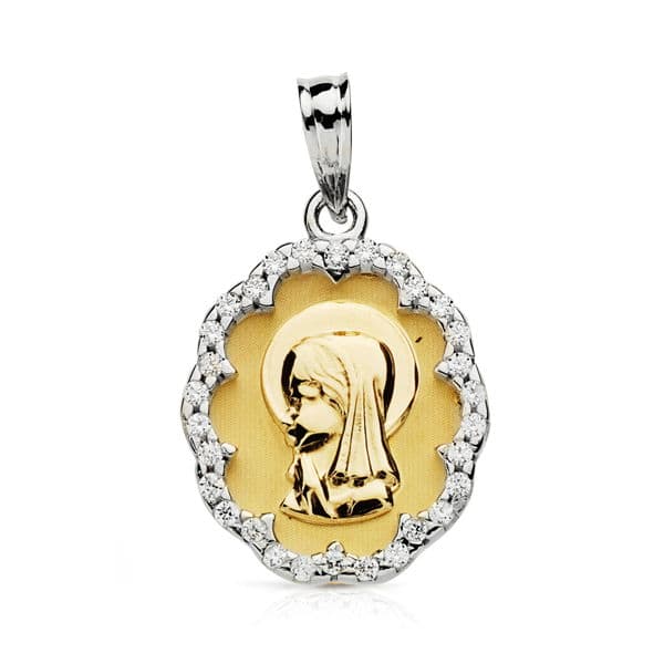 18K Medalla Virgen Niña Circonitas 20x14 mm