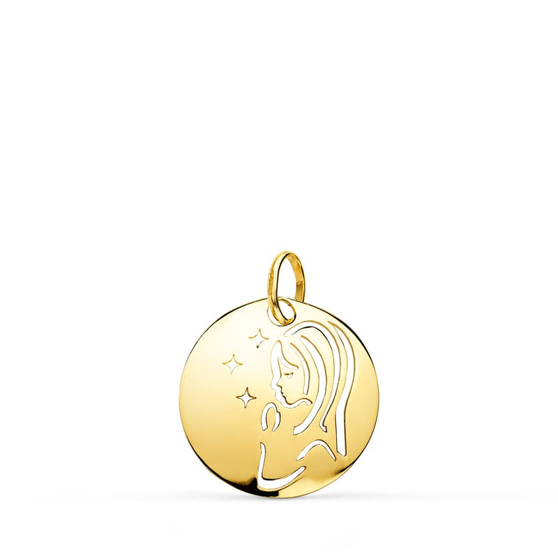 9K Medalla Virgen Niña Oro Amarillo Redonda Calada Tumbo En Brillo 15 Mm