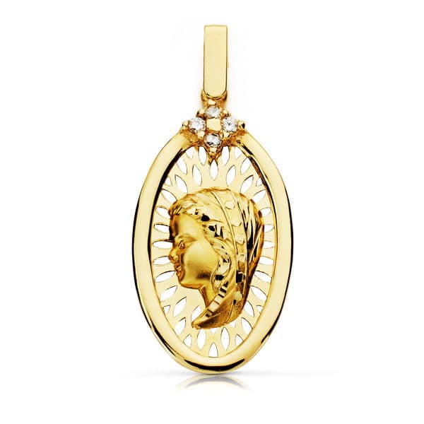 Médaille 18K Or Jaune Diamants Taille Brillant 0.10 Qts. 29x14 mm