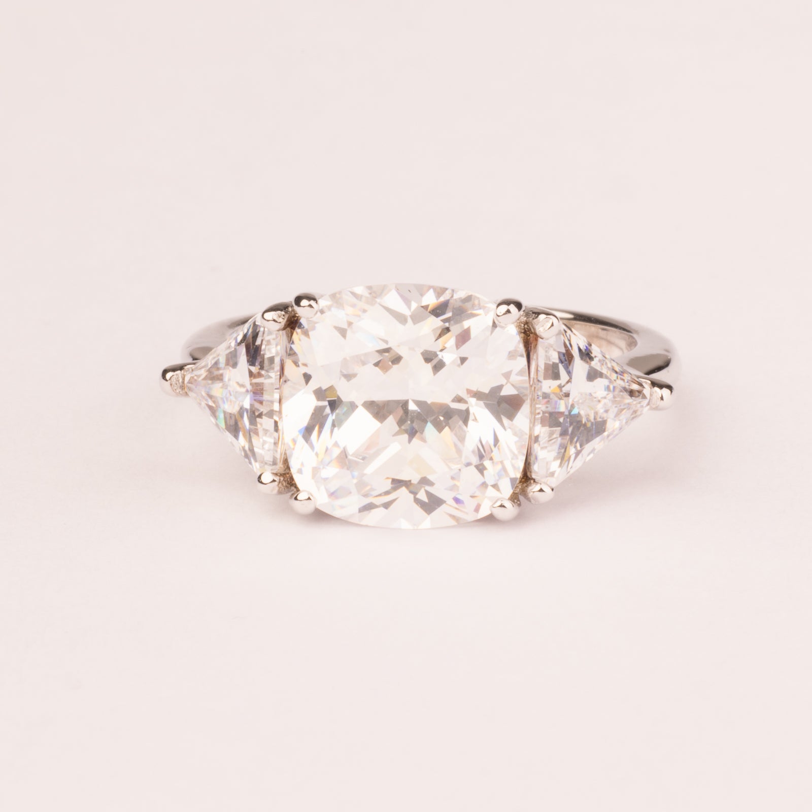 Square ring with white cubic zirconia and triangles