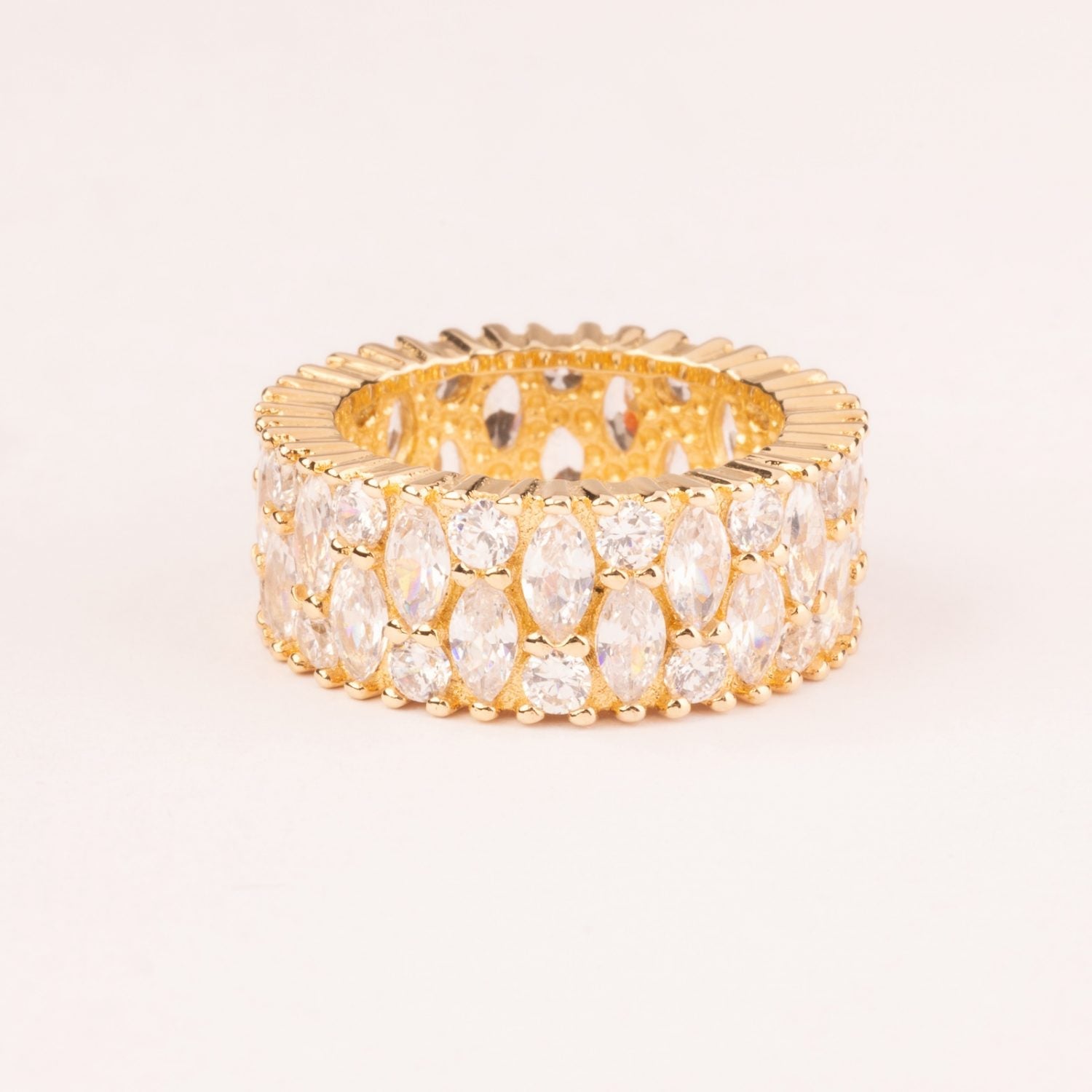 Mesh ring with marquise and round cubic zirconia stones plated in 18k gold