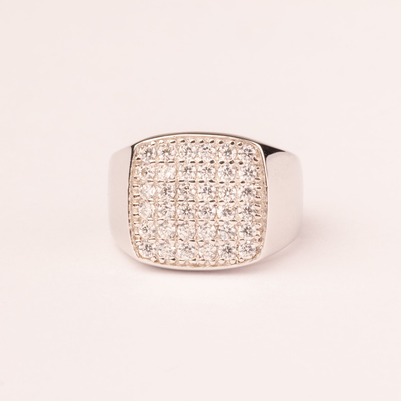 Square pavé chevalier ring with white zirconia stones