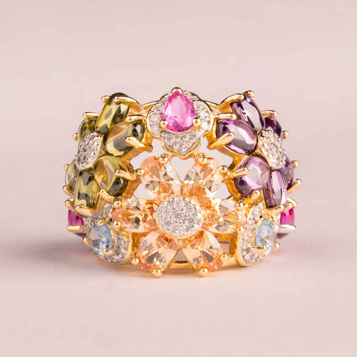 Multicolor Flower Silver Ring plated in 18k Gold