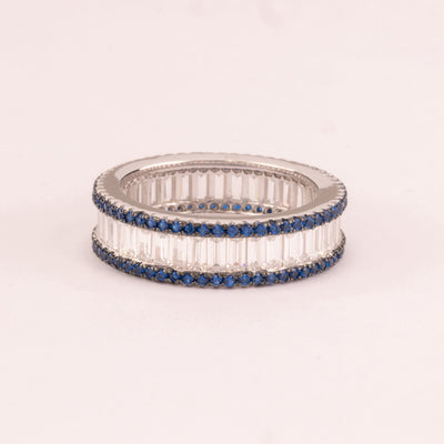 Wedding band with baguette-cut sapphire zircons