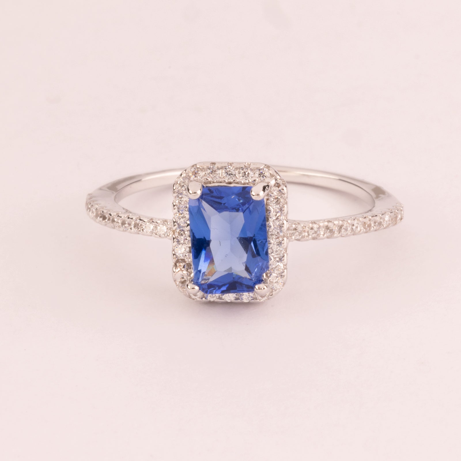 Rectangular ring with sapphire cubic zirconia and micro cubic zirconias