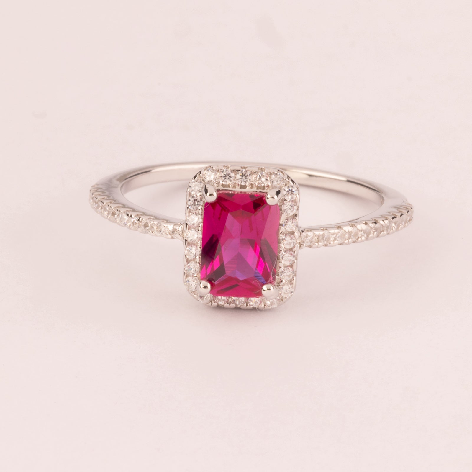 Rectangular ring with ruby cubic zirconia and micro cubic zirconias