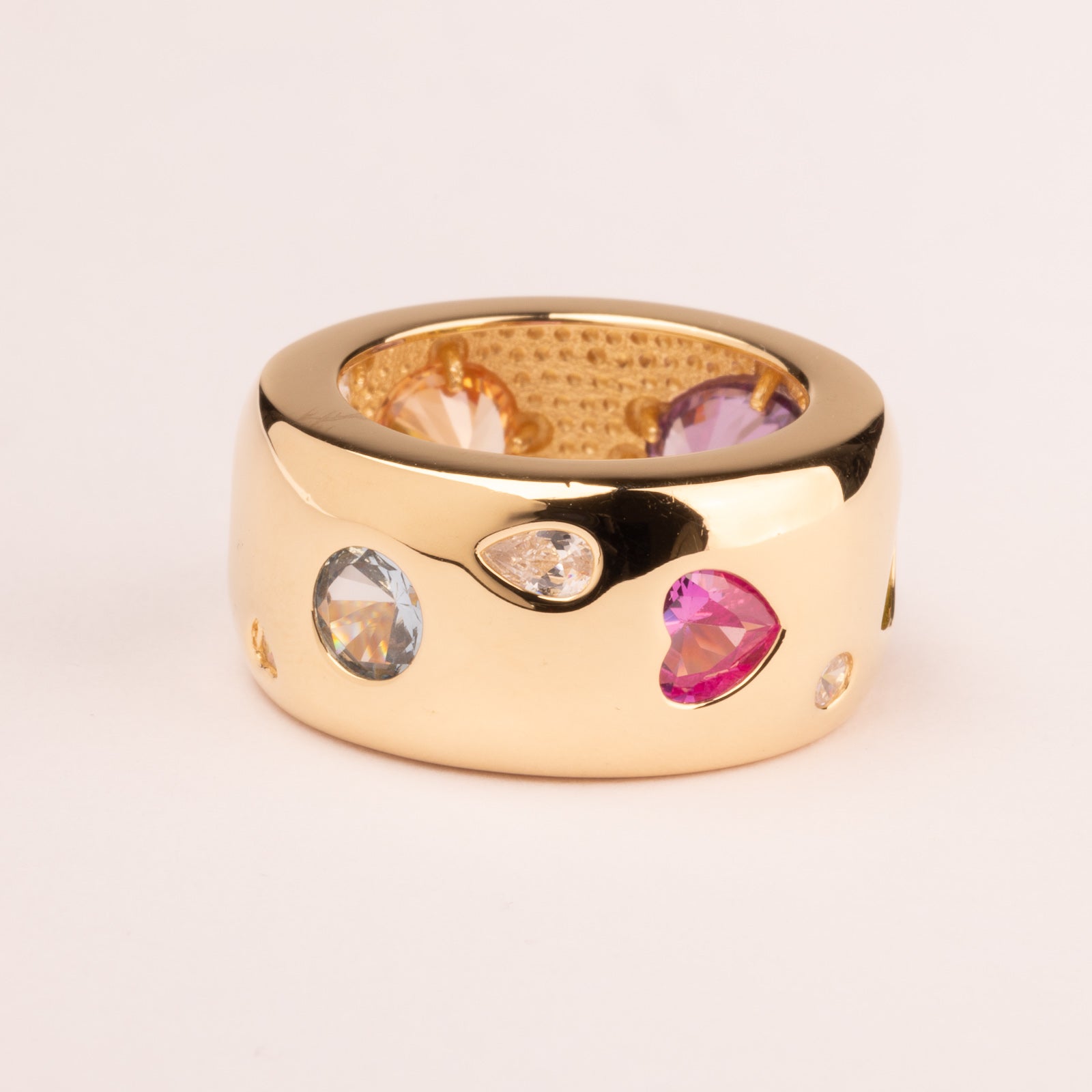 Band ring with multicolored cubic zirconia and multiple shapes plated in 18k gold