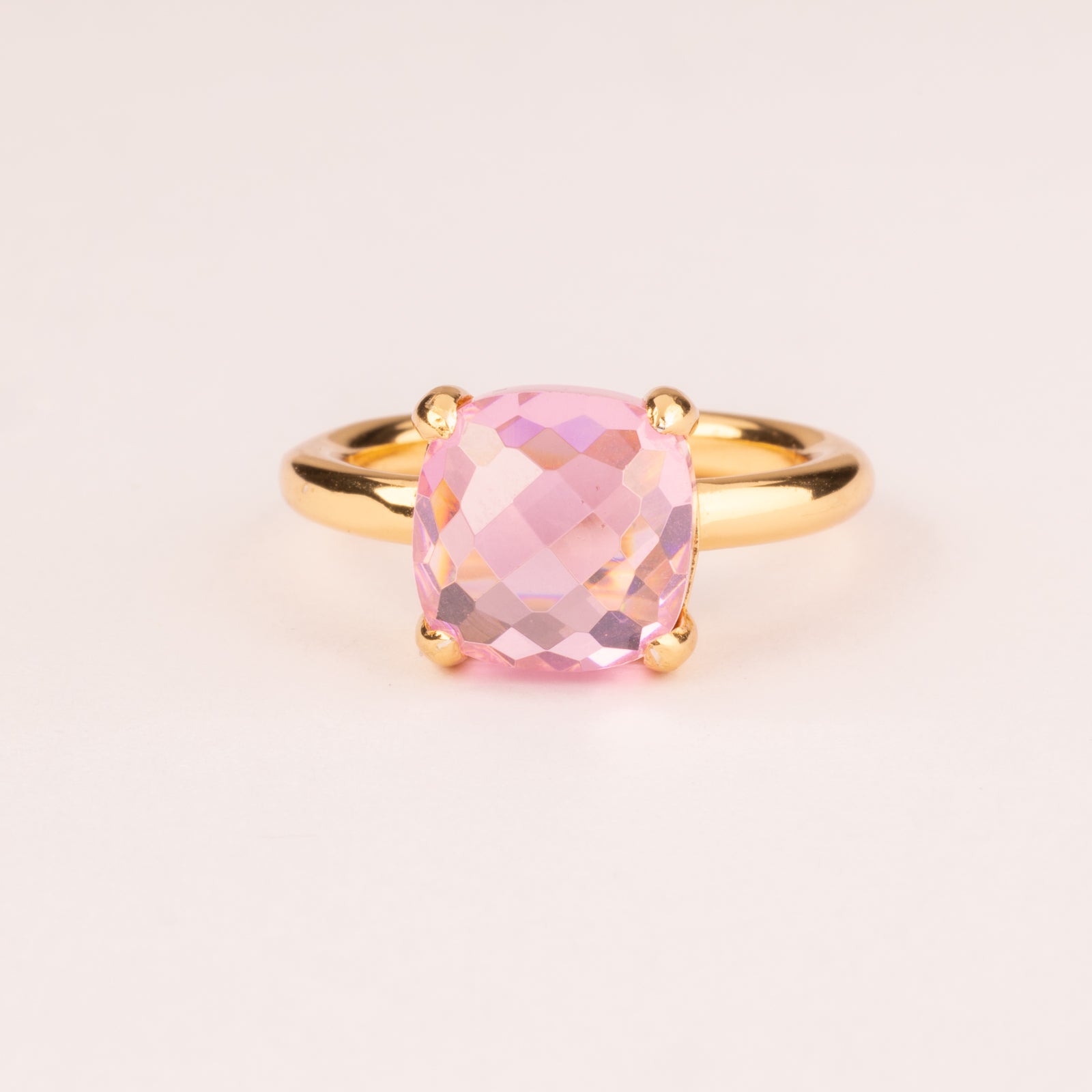 Colorful ring with pink cushion-cut cubic zirconia