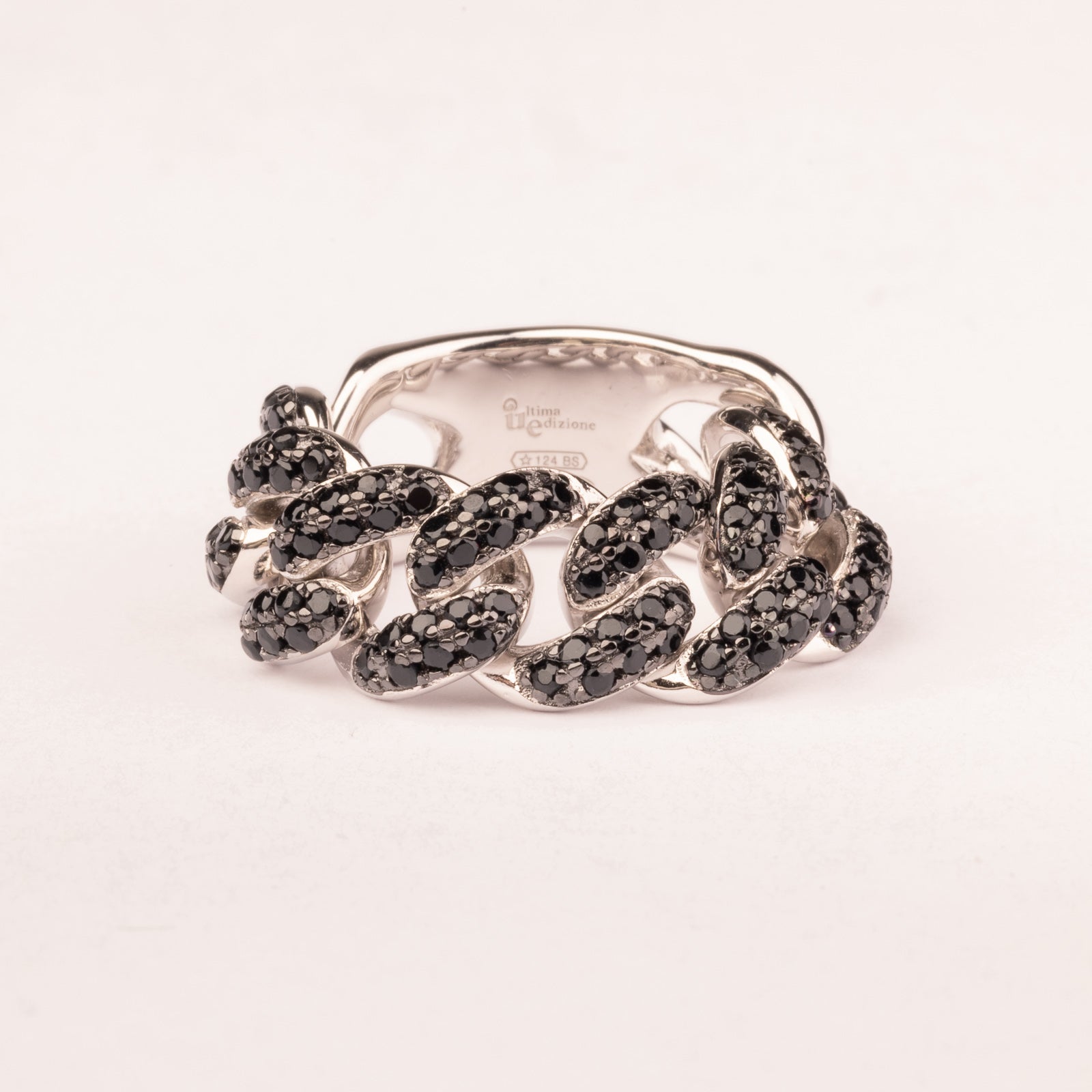 Soft mesh groumette ring with black cubic zirconia