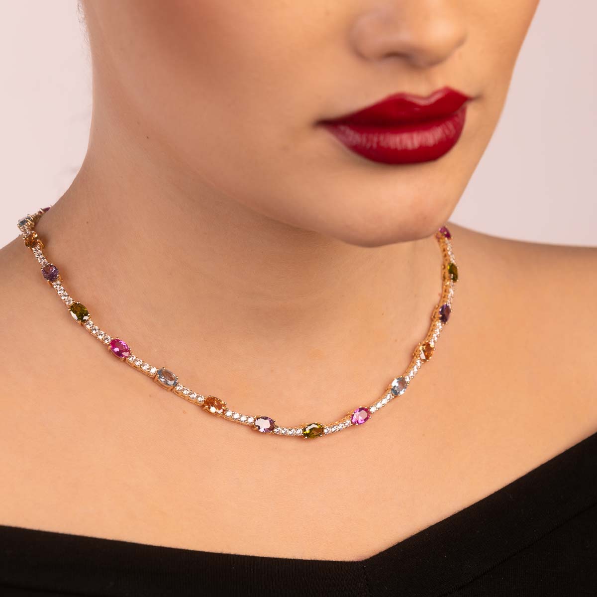 Gargantilla Ovalada Circonita Multicolor Plata 925 bañada en Oro 18k