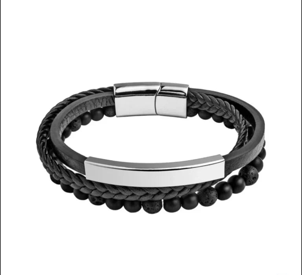 Pulsera Hombre Triple Acero, Cuero Negro y Piedras Naturales