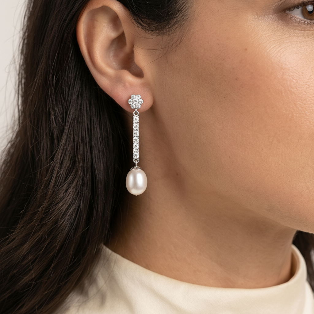 Brautohrringe Stab Pavé Zirkon Perle Rosette