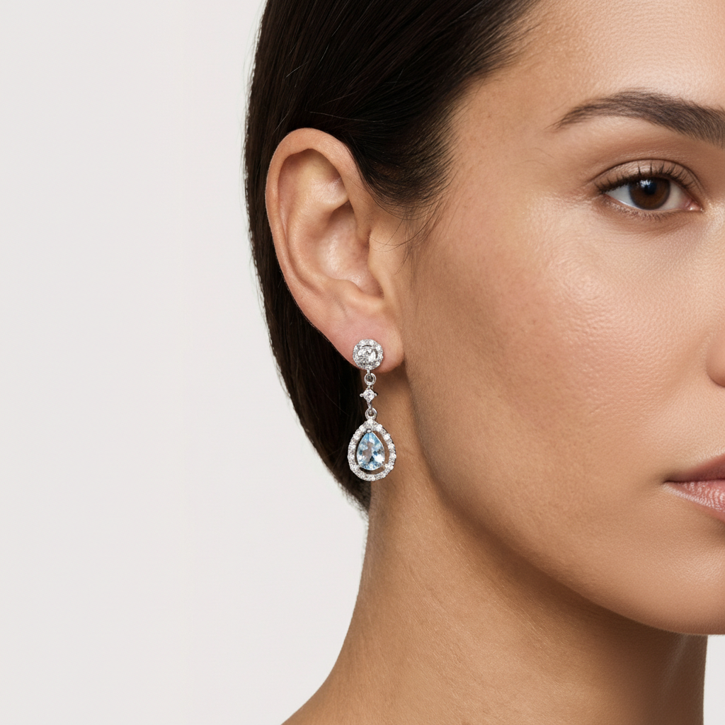 Pendientes de Novia Cortos Gota Pavé Circonitas Aguamarina Rosetón Redondo