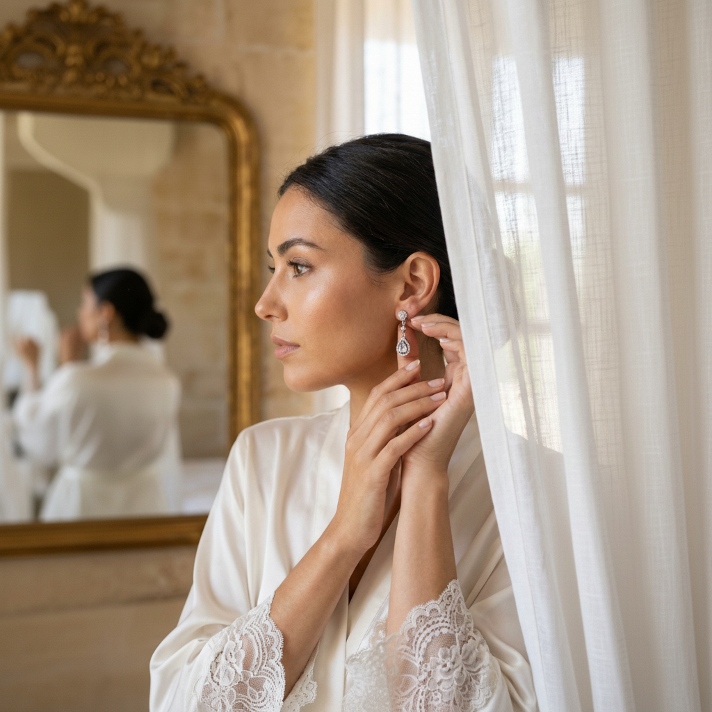 Pendientes de Novia Cortos Gota Pavé Circonitas Aguamarina Rosetón Redondo