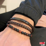 Bracelet Homme Triple Acier Rhodié Noir, Cuir Marron et Pierres Naturelles